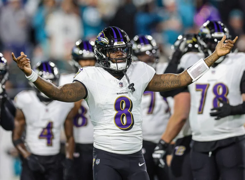 FootballR - NFL - Super Bowl LVIII - Die Ravens feiern nach dem Spiel. MVP Kandidat Lamar Jackson