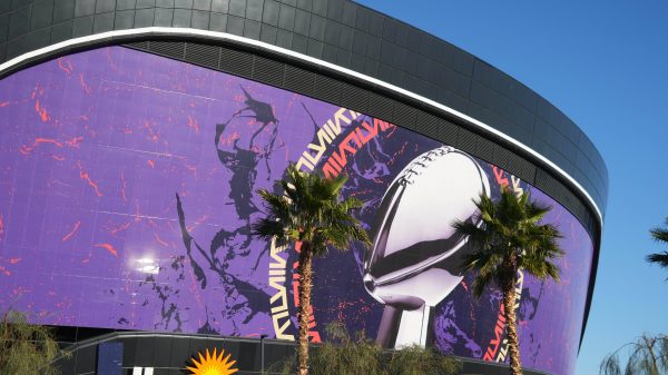 FootballR - NFL - Diese Beschreibung wurde automatisch generiert. Ein großes Gebäude mit einem lila Banner und Palmen, das den Super Bowl feiert.