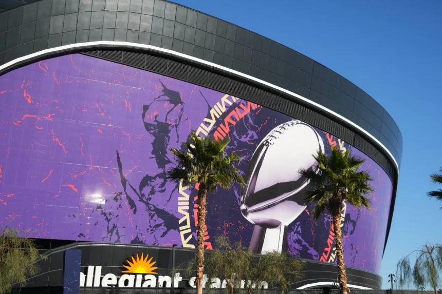 FootballR - NFL - Diese Beschreibung wurde automatisch generiert. Ein großes Gebäude mit einem lila Banner und Palmen, das den Super Bowl feiert.