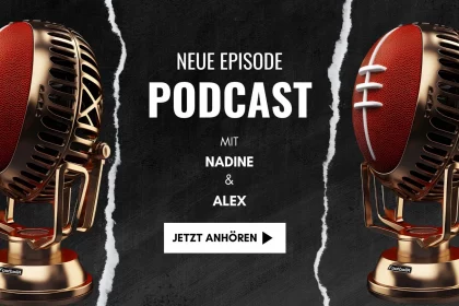 FootballR - NFL - Super Bowl und Las Vegas -Diese Beschreibung wurde automatisch generiert. Ein Football mit der Aufschrift „neue Episode Podcast“ aus Las Vegas.