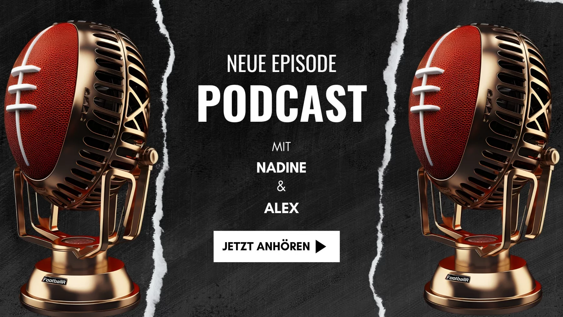 FootballR - NFL - Super Bowl und Las Vegas -Diese Beschreibung wurde automatisch generiert. Ein Football mit der Aufschrift „neue Episode Podcast“ aus Las Vegas.