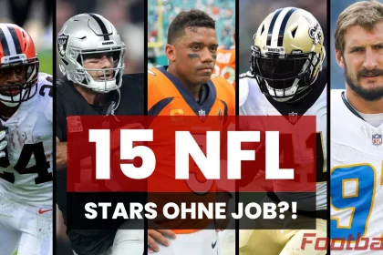 FootballR - NFL - Diese Beschreibung wurde automatisch generiert. Eine Collage von NFL-Stars inmitten der Free Agency. 15 NFL Stars