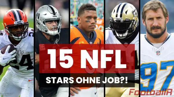 FootballR - NFL - Diese Beschreibung wurde automatisch generiert. Eine Collage von NFL-Stars inmitten der Free Agency. 15 NFL Stars