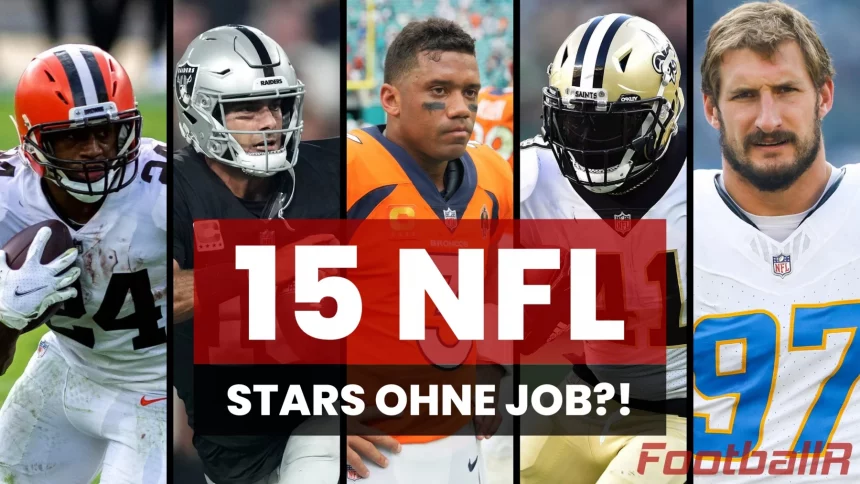 FootballR - NFL - Diese Beschreibung wurde automatisch generiert. Eine Collage von NFL-Stars inmitten der Free Agency. 15 NFL Stars