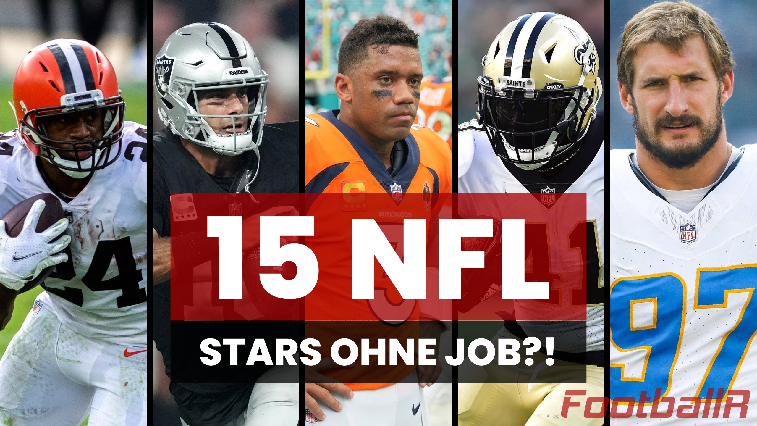 FootballR - NFL - Diese Beschreibung wurde automatisch generiert. Eine Collage von NFL-Stars inmitten der Free Agency. 15 NFL Stars