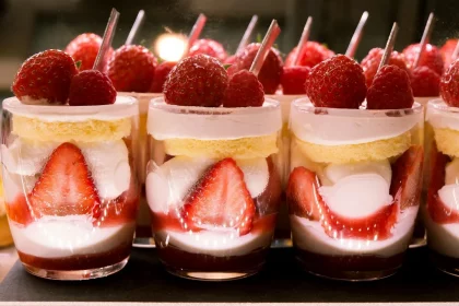 FootballR - NFL - Diese Beschreibung wurde automatisch generiert. Ein Tablett mit Desserts mit Erdbeeren und Schlagsahne.