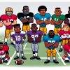 FootballR - NFL - Diese Beschreibung wurde automatisch generiert. Eine freundliche Cartoon-Footballmannschaft, die für ein Foto beim NFL Scouting Combine posiert.