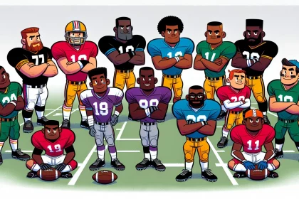 FootballR - NFL - Diese Beschreibung wurde automatisch generiert. Eine freundliche Cartoon-Footballmannschaft, die für ein Foto beim NFL Scouting Combine posiert.