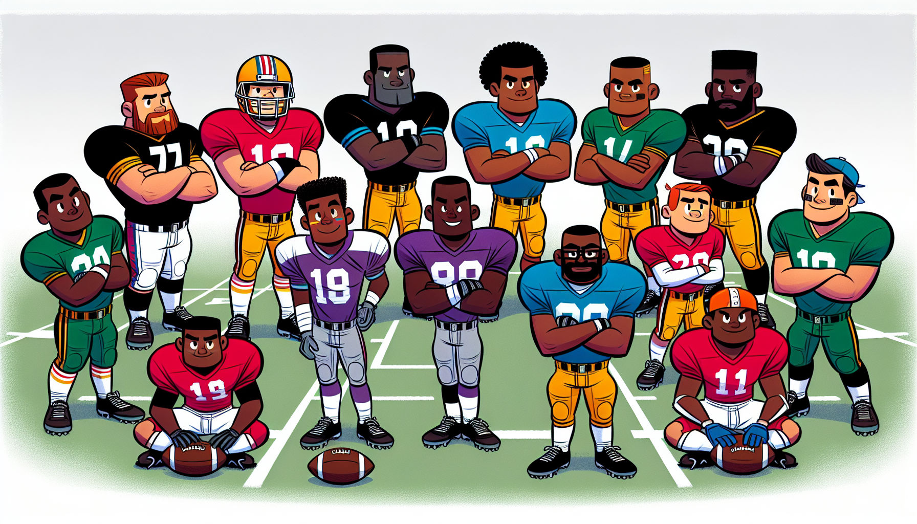 FootballR - NFL - Diese Beschreibung wurde automatisch generiert. Eine freundliche Cartoon-Footballmannschaft, die für ein Foto beim NFL Scouting Combine posiert.