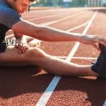 FootballR - NFL - Diese Beschreibung wurde automatisch generiert. Ein Mann sitzt mit ausgestrecktem Bein auf einer Laufbahn und pflegt Verletzungen.