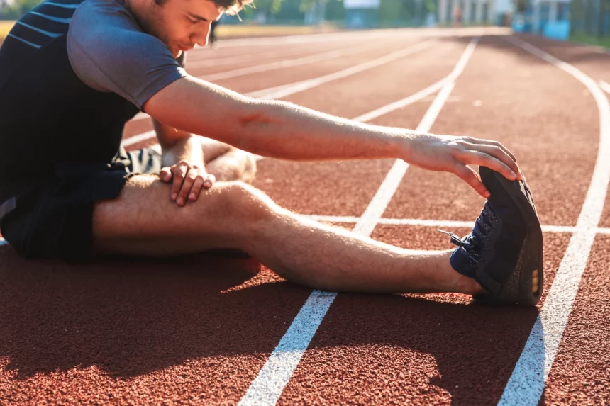 FootballR - NFL - Diese Beschreibung wurde automatisch generiert. Ein Mann sitzt mit ausgestrecktem Bein auf einer Laufbahn und pflegt Verletzungen.