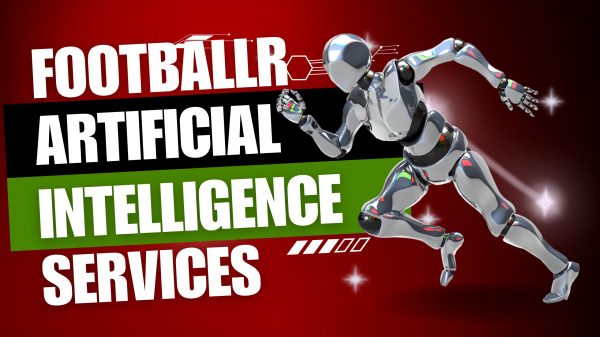 FootballR - NFL - Ein dynamischer Roboter, der das Konzept der „künstlichen Football-Intelligenzdienste“ veranschaulicht und technologische Fortschritte in der Sportanalyse und Leistungssteigerung von Spielern symbolisiert. Kostenlose KI Services für alle. Diese Beschreibung wurde automatisch generiert.