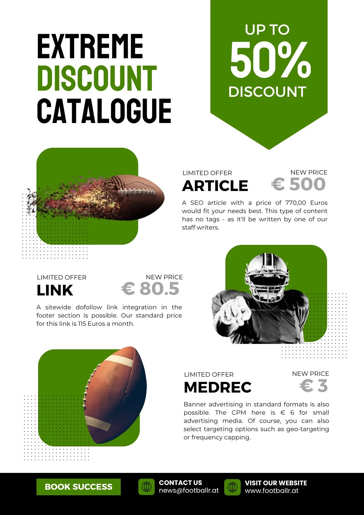 FootballR - NFL - Werbegrafik für den „Sonderaktion Extrem-Rabattkatalog“, der bis zu 50 % auf Artikel und Dienstleistungen bietet, mit visuellen Elementen wie dem NFL Draft, Preistabellen und Kontaktinformationen, mit einem Diese Beschreibung wurde automatisch generiert.