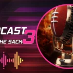 FootballR - NFL Free Agency - Diese Beschreibung wurde automatisch generiert. Grafikdesign für Episode 3 des „What the Sack“-Podcasts mit einem Vintage-Mikrofon, Schallwellen-Visuals und American-Football-Themen.