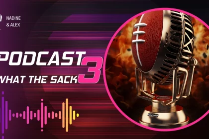 FootballR - NFL Free Agency - Diese Beschreibung wurde automatisch generiert. Grafikdesign für Episode 3 des „What the Sack“-Podcasts mit einem Vintage-Mikrofon, Schallwellen-Visuals und American-Football-Themen.