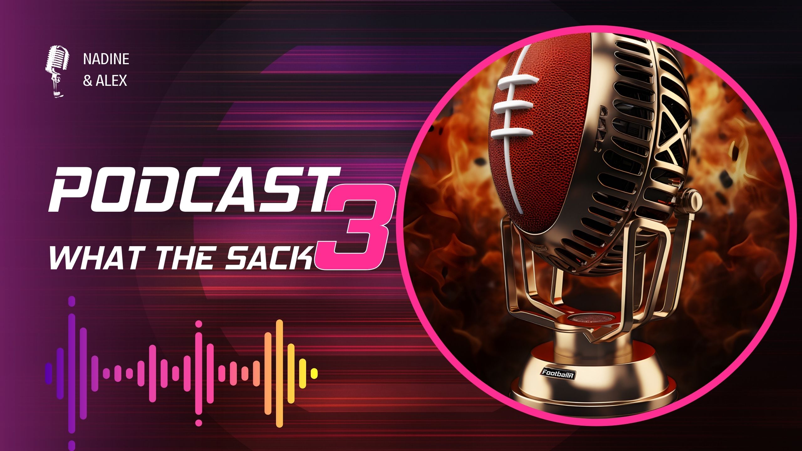 FootballR - NFL Free Agency - Diese Beschreibung wurde automatisch generiert. Grafikdesign für Episode 3 des „What the Sack“-Podcasts mit einem Vintage-Mikrofon, Schallwellen-Visuals und American-Football-Themen.