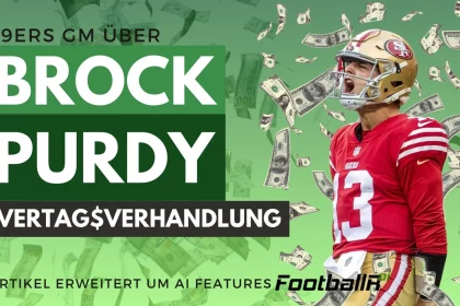 FootballR - NFL - Der Quarterback der San Francisco 49ers, Brock Purdy, scheint vor dem Hintergrund fliegender Gelder konzentriert zu sein und hebt die Vertragsverhandlungen hervor, wie sie im deutschen Text „Vertragsverhandlung“ erwähnt werden Diese Beschreibung wurde automatisch generiert.