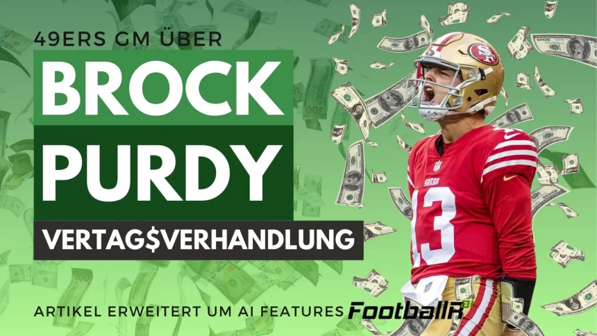 FootballR - NFL - Der Quarterback der San Francisco 49ers, Brock Purdy, scheint vor dem Hintergrund fliegender Gelder konzentriert zu sein und hebt die Vertragsverhandlungen hervor, wie sie im deutschen Text „Vertragsverhandlung“ erwähnt werden Diese Beschreibung wurde automatisch generiert.