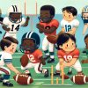 FootballR - NFL - Eine bunt gemischte Gruppe animierter Kinder in farbenfrohen American-Football-Uniformen nimmt an einem sonnigen Tag fröhlich an einem verspielten Footballspiel teil und stellt dabei Teamwork und Sportsgeist unter Beweis. Diese Beschreibung wurde automatisch generiert.