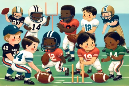 FootballR - NFL - Eine bunt gemischte Gruppe animierter Kinder in farbenfrohen American-Football-Uniformen nimmt an einem sonnigen Tag fröhlich an einem verspielten Footballspiel teil und stellt dabei Teamwork und Sportsgeist unter Beweis. Diese Beschreibung wurde automatisch generiert.