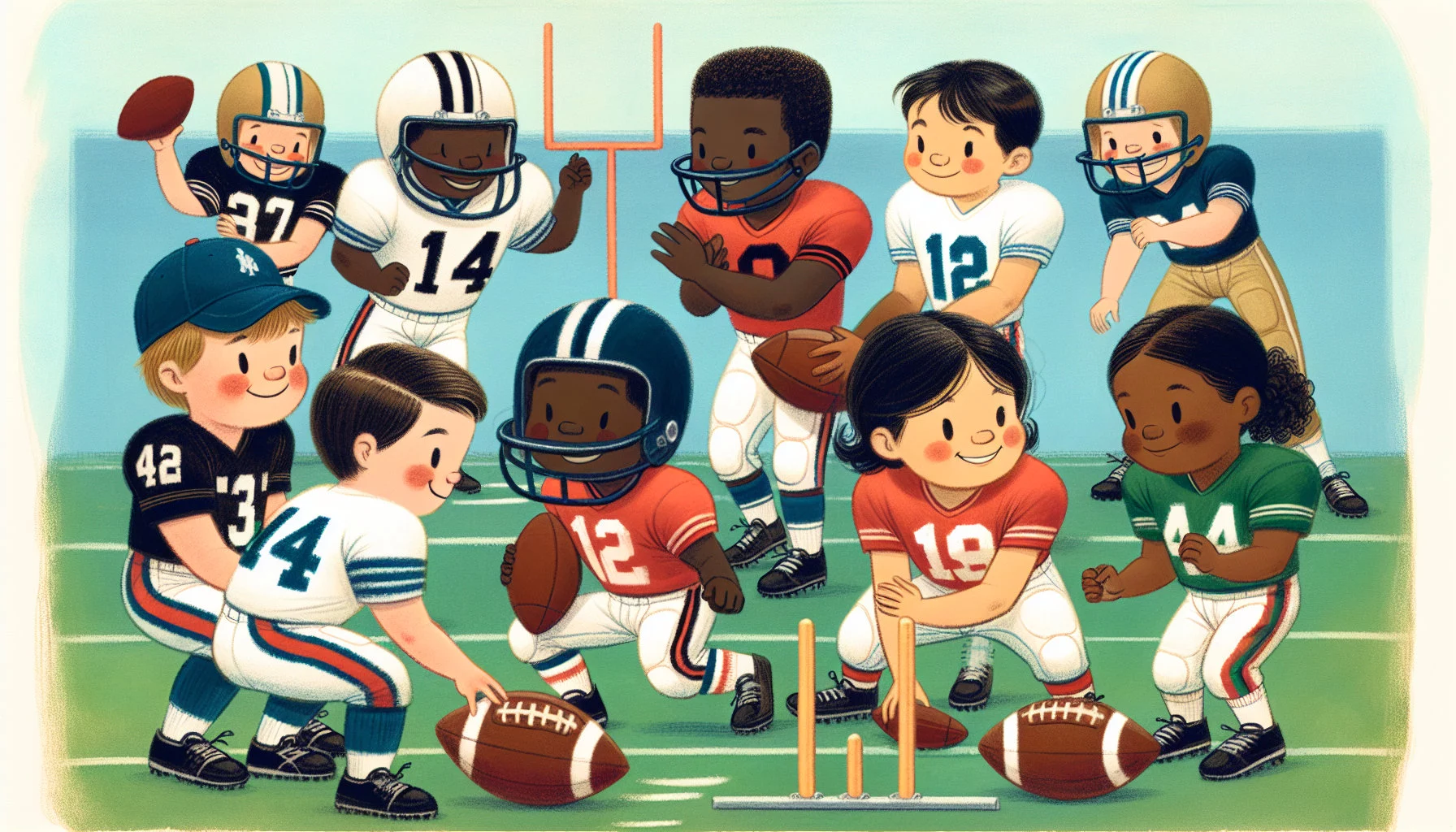 FootballR - NFL - Eine bunt gemischte Gruppe animierter Kinder in farbenfrohen American-Football-Uniformen nimmt an einem sonnigen Tag fröhlich an einem verspielten Footballspiel teil und stellt dabei Teamwork und Sportsgeist unter Beweis. Diese Beschreibung wurde automatisch generiert.