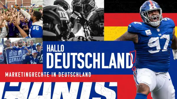 FootballR - NFL - Eine Werbecollage, die den Ausbau des NFL-Marketings in Deutschland hervorhebt, mit begeisterten Fans, Spielern der New York Giants im Gespräch mit dem Publikum, dem deutschen Gruß „Hallo Deutschland“ und dem Slogan Diese Beschreibung wurde automatisch generiert.