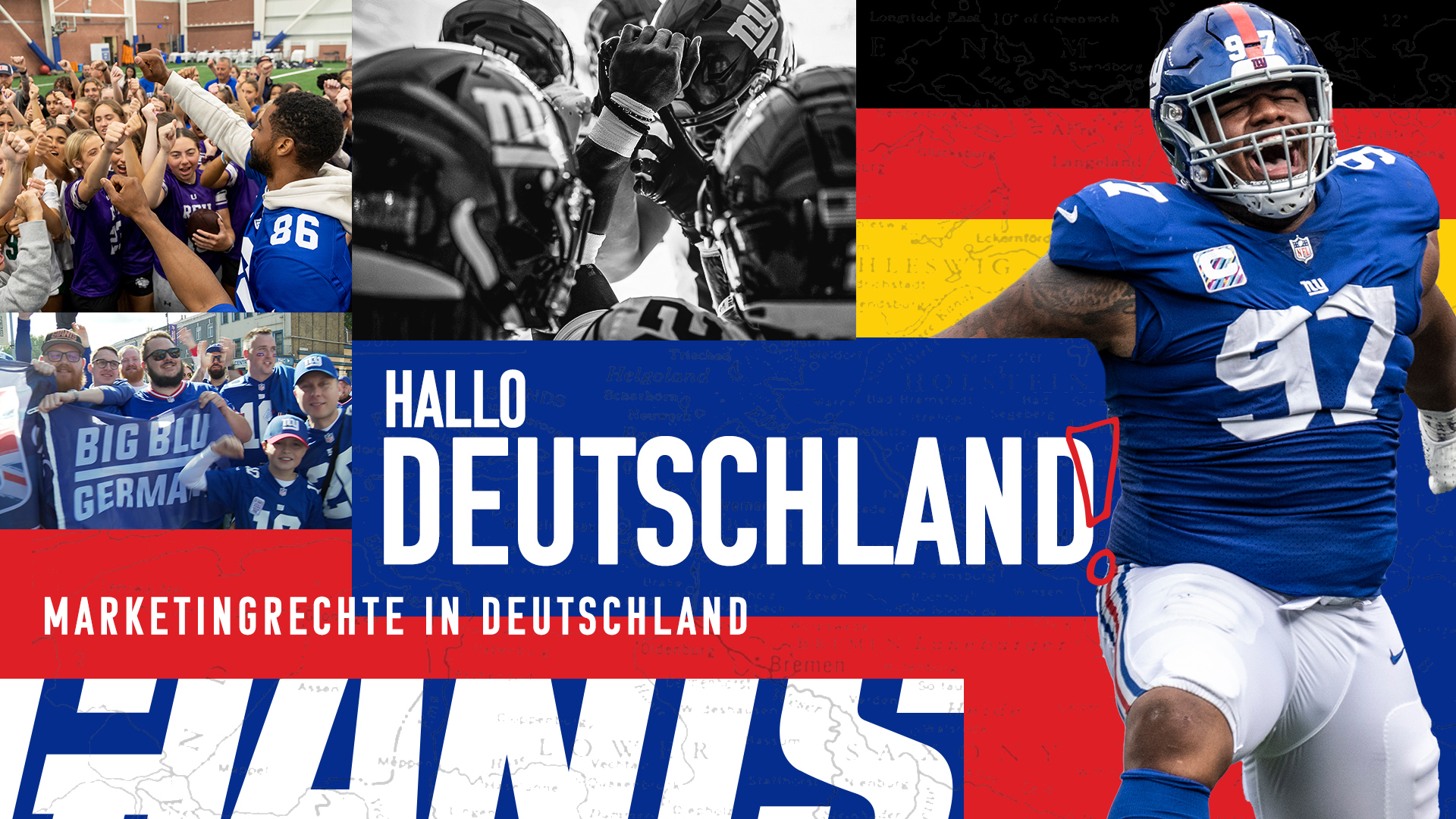 FootballR - NFL - Eine Werbecollage, die den Ausbau des NFL-Marketings in Deutschland hervorhebt, mit begeisterten Fans, Spielern der New York Giants im Gespräch mit dem Publikum, dem deutschen Gruß „Hallo Deutschland“ und dem Slogan Diese Beschreibung wurde automatisch generiert.