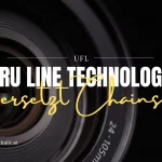 FootballR - NFL - Eine Nahaufnahme eines Kameraobjektivs mit der Aufschrift TrU Line Technology – UFL First Down Messung, die auf eine Werbung für fortschrittliche Kameratechnologie und Hightech-Werkzeuge schließen lässt, begleitet Diese Beschreibung wurde automatisch generiert.