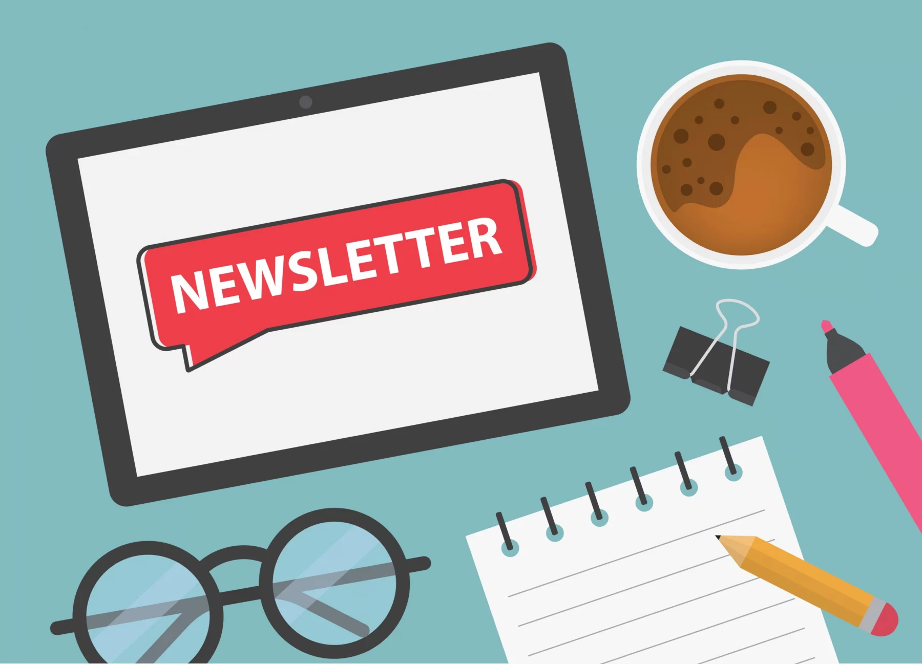 FootballR - - Football Newsletter - NFL - Ein flaches Grafikdesign eines Arbeitsbereichs mit einem Tablet mit der Anzeige „Newsletter“ neben einer Kaffeetasse, einem Notizblock, einem Bleistift, einer Brille und einer Heftklammer, was die Erstellung eines modernen digitalen Newsletters suggeriert. Diese Beschreibung wurde automatisch generiert.