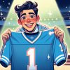 FootballR - NFL - Ein fröhlicher junger Fan hält stolz ein NFL Draft Trikot mit der Nummer 1 in einem hell erleuchteten Stadion hoch und verkörpert damit die Träume und die Begeisterung von Sportliebhabern auf der ganzen Welt. Diese Beschreibung wurde automatisch generiert.