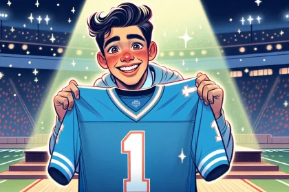 FootballR - NFL - Ein fröhlicher junger Fan hält stolz ein NFL Draft Trikot mit der Nummer 1 in einem hell erleuchteten Stadion hoch und verkörpert damit die Träume und die Begeisterung von Sportliebhabern auf der ganzen Welt. Diese Beschreibung wurde automatisch generiert.