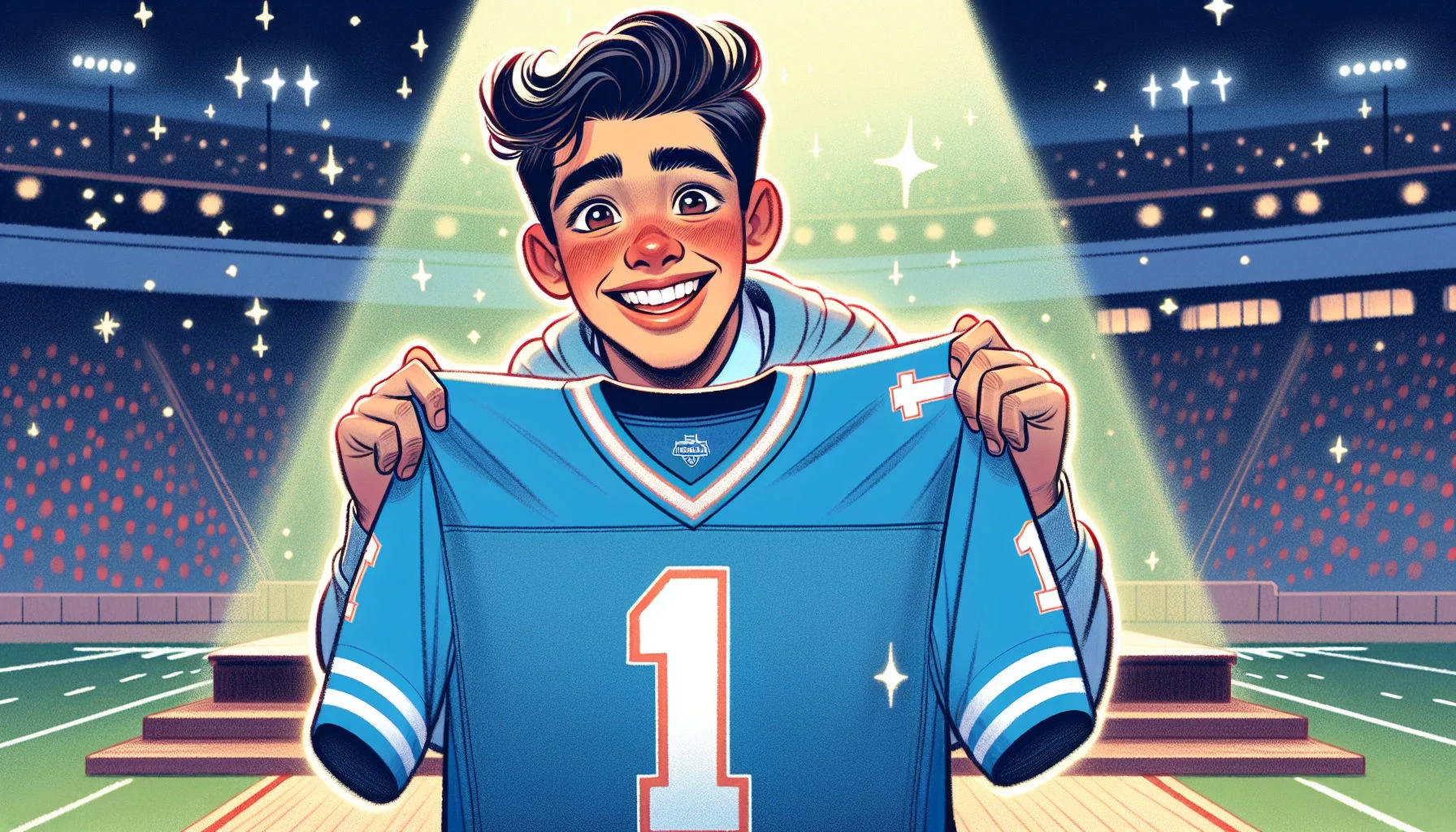 FootballR - NFL - Ein fröhlicher junger Fan hält stolz ein NFL Draft Trikot mit der Nummer 1 in einem hell erleuchteten Stadion hoch und verkörpert damit die Träume und die Begeisterung von Sportliebhabern auf der ganzen Welt. Diese Beschreibung wurde automatisch generiert.