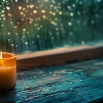 Kenny Easley - NFL - Eine brennende Kerze in einem Glashalter auf einer verregneten Fensterbank, mit Regentropfen auf dem Glas und Tropfen auf dem dunklen Holz, die ein sanftes Leuchten in einer schwach beleuchteten, friedlichen Umgebung reflektieren Diese Beschreibung wurde automatisch generiert.