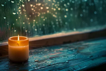 Kenny Easley - NFL - Eine brennende Kerze in einem Glashalter auf einer verregneten Fensterbank, mit Regentropfen auf dem Glas und Tropfen auf dem dunklen Holz, die ein sanftes Leuchten in einer schwach beleuchteten, friedlichen Umgebung reflektieren Diese Beschreibung wurde automatisch generiert.