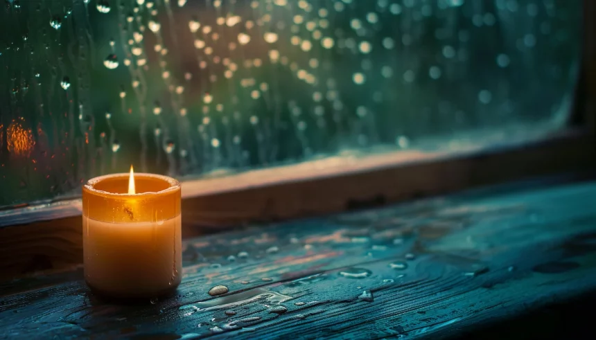Kenny Easley - NFL - Eine brennende Kerze in einem Glashalter auf einer verregneten Fensterbank, mit Regentropfen auf dem Glas und Tropfen auf dem dunklen Holz, die ein sanftes Leuchten in einer schwach beleuchteten, friedlichen Umgebung reflektieren Diese Beschreibung wurde automatisch generiert.