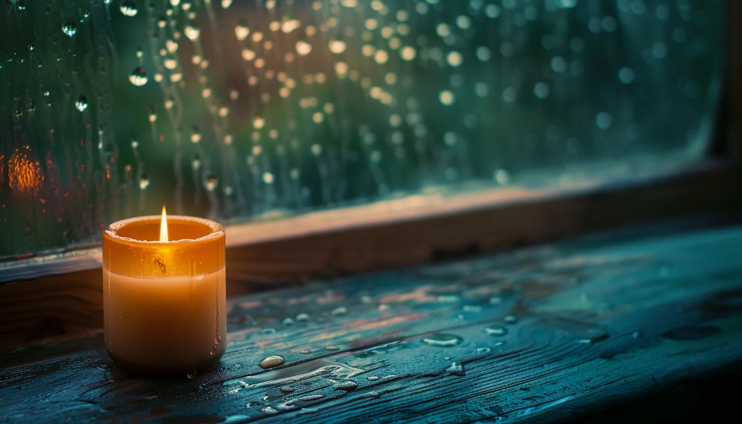 Kenny Easley - NFL - Eine brennende Kerze in einem Glashalter auf einer verregneten Fensterbank, mit Regentropfen auf dem Glas und Tropfen auf dem dunklen Holz, die ein sanftes Leuchten in einer schwach beleuchteten, friedlichen Umgebung reflektieren Diese Beschreibung wurde automatisch generiert.