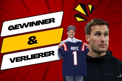 FootballR - NFL Draft 2024 - Die Grafik mit dem Titel Gewinner & Verlierer zeigt zwei Männer vor einem roten, explodierenden Hintergrund. Links hält ein Mann mit einer Mütze ein Trikot mit der Nummer 1 hoch; auf Diese Beschreibung wurde automatisch generiert.