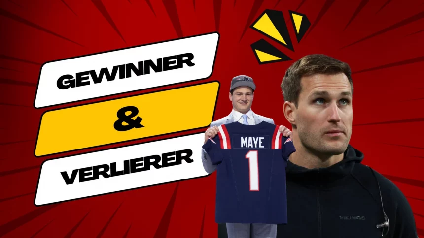 FootballR - NFL Draft 2024 - Die Grafik mit dem Titel Gewinner & Verlierer zeigt zwei Männer vor einem roten, explodierenden Hintergrund. Links hält ein Mann mit einer Mütze ein Trikot mit der Nummer 1 hoch; auf Diese Beschreibung wurde automatisch generiert.