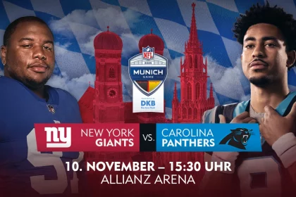 FootballR - NFL Munich Game - Werbebild für das NFL Munich Game 2024 zwischen den New York Giants und den Carolina Panthers. Zwei Spieler sind prominent abgebildet: ein Giants-Spieler links und ein Panthers-Spieler rechts. Im Hintergrund sind die Münchner Allianz Arena und Veranstaltungsdetails zu sehen: „10. November – 15:30 Uhr, Allianz Arena.“ Diese Beschreibung wurde automatisch generiert.