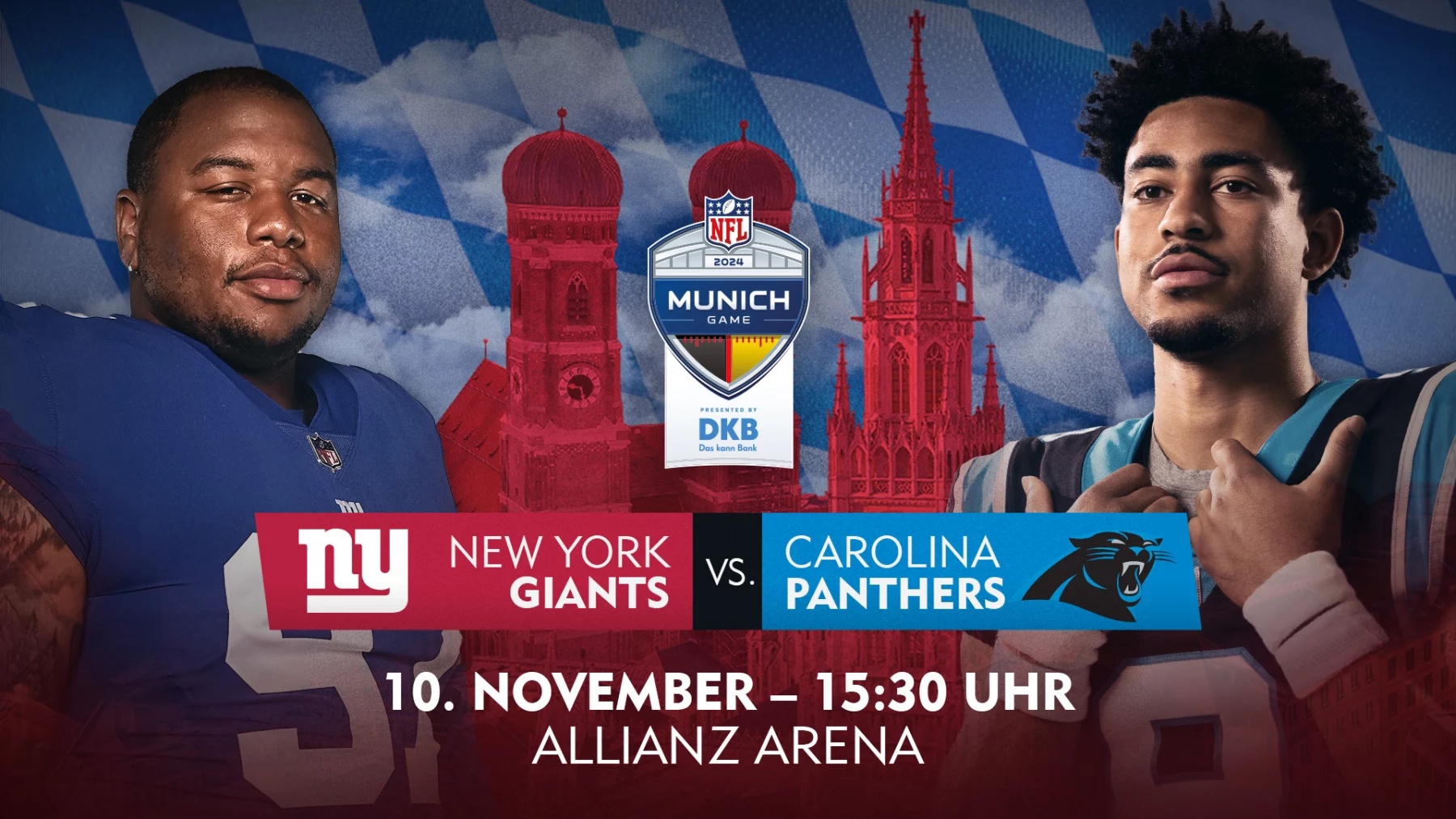 FootballR - NFL Munich Game - Werbebild für das NFL Munich Game 2024 zwischen den New York Giants und den Carolina Panthers. Zwei Spieler sind prominent abgebildet: ein Giants-Spieler links und ein Panthers-Spieler rechts. Im Hintergrund sind die Münchner Allianz Arena und Veranstaltungsdetails zu sehen: „10. November – 15:30 Uhr, Allianz Arena.“ Diese Beschreibung wurde automatisch generiert.