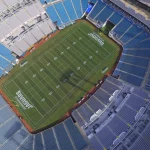 FootballR - NFL Jacksonville Jaguars - Luftaufnahme eines großen, leeren Footballstadions mit blauen Sitzen. Das Spielfeld, das mit weißen Yard-Linien und „JAGUARS“ in den Endzonen markiert ist, gehört den Jacksonville Jaguars. Imbissstände und andere Strukturen sind rund um den Sitzbereich sichtbar. Die Beleuchtung des Stadions wirft einen Schatten auf das Spielfeld. Diese Beschreibung wurde automatisch generiert.