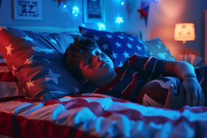 FootballR - NFL - Ein kleiner Junge schläft im Bett und hält einen Football in der Hand. Das Zimmer ist mit Bettwäsche mit Sternenmotiven und blauen Lichterketten dekoriert. Poster und Flaggen schmücken die Wände und verstärken die sportliche Atmosphäre. Ein NFL Bettwäsche Set auf seinem Bett verleiht ihm einen Hauch von Authentizität. Eine Nachttischlampe sorgt für ein warmes, gemütliches Licht und schafft eine ruhige und behagliche Atmosphäre. Diese Beschreibung wurde automatisch generiert.