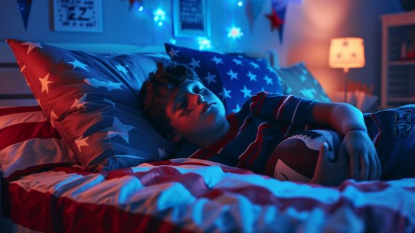 FootballR - NFL - Ein kleiner Junge schläft im Bett und hält einen Football in der Hand. Das Zimmer ist mit Bettwäsche mit Sternenmotiven und blauen Lichterketten dekoriert. Poster und Flaggen schmücken die Wände und verstärken die sportliche Atmosphäre. Ein NFL Bettwäsche Set auf seinem Bett verleiht ihm einen Hauch von Authentizität. Eine Nachttischlampe sorgt für ein warmes, gemütliches Licht und schafft eine ruhige und behagliche Atmosphäre. Diese Beschreibung wurde automatisch generiert.