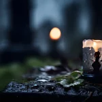 FootballR - NFL - Eine Kerze mit größtenteils geschmolzenem Wachs, mit der Aufschrift Jimmy Johnson , in einem Glashalter steht auf einem nassen, moosbedeckten Grabstein. Im unscharfen Hintergrund sind Grabsteine und ein leuchtendes orangefarbenes Licht auf einem nebligen Friedhof zu sehen. Diese Beschreibung wurde automatisch generiert.