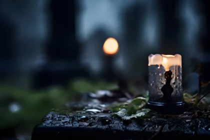 FootballR - NFL - Eine Kerze mit größtenteils geschmolzenem Wachs, mit der Aufschrift Jimmy Johnson , in einem Glashalter steht auf einem nassen, moosbedeckten Grabstein. Im unscharfen Hintergrund sind Grabsteine und ein leuchtendes orangefarbenes Licht auf einem nebligen Friedhof zu sehen. Diese Beschreibung wurde automatisch generiert.