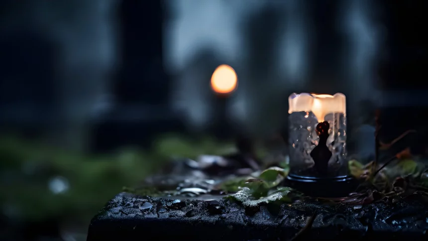 FootballR - NFL - Eine Kerze mit größtenteils geschmolzenem Wachs, mit der Aufschrift Jimmy Johnson , in einem Glashalter steht auf einem nassen, moosbedeckten Grabstein. Im unscharfen Hintergrund sind Grabsteine und ein leuchtendes orangefarbenes Licht auf einem nebligen Friedhof zu sehen. Diese Beschreibung wurde automatisch generiert.