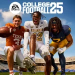 FootballR - NFL - Cover-Artwork für EA SPORTS College Football 25 mit drei Footballspielern in Uniform. Der Spieler links trägt eine Texas-Uniform, der mittlere Spieler eine Colorado-Uniform und der Spieler rechts eine Michigan-Uniform. Sie posieren aufgeregt in einem leeren Stadion mit einem strahlenden Himmel darüber und verkörpern College-Football-Gaming vom Feinsten. Diese Beschreibung wurde automatisch generiert.