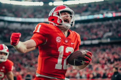 FootballR - NFL - Ein College-Footballspieler in orangefarbener Uniform, Helm und Handschuhen mit der Nummer 12 feiert einen erfolgreichen Spielzug, während er den Football hält. Man sieht den Spieler in einem voll besetzten Stadion vor Begeisterung schreien und damit zeigen, warum American Football in Europa so beliebt ist. Auf der Uniform ist ein SEC-Logo zu sehen. Diese Beschreibung wurde automatisch generiert.