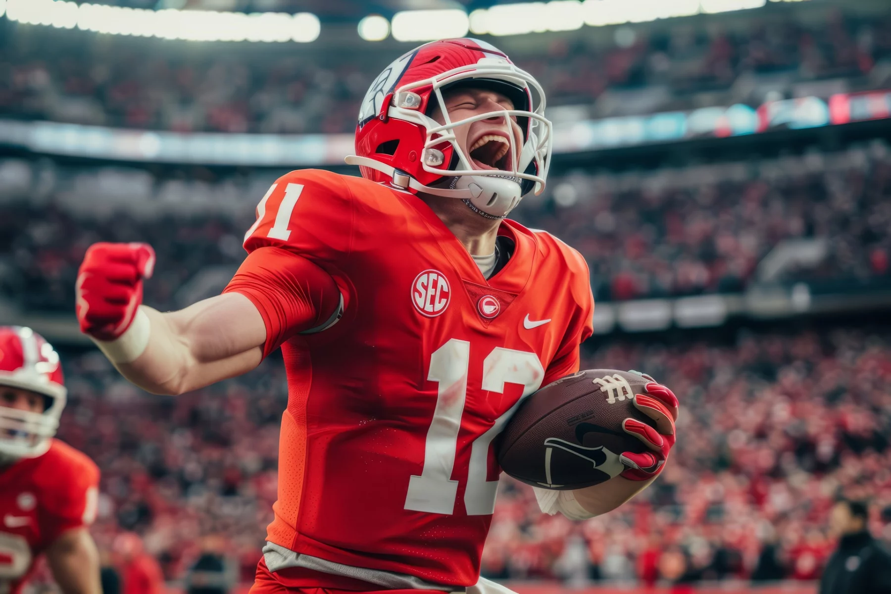 FootballR - NFL - Ein College-Footballspieler in orangefarbener Uniform, Helm und Handschuhen mit der Nummer 12 feiert einen erfolgreichen Spielzug, während er den Football hält. Man sieht den Spieler in einem voll besetzten Stadion vor Begeisterung schreien und damit zeigen, warum American Football in Europa so beliebt ist. Auf der Uniform ist ein SEC-Logo zu sehen. Diese Beschreibung wurde automatisch generiert.