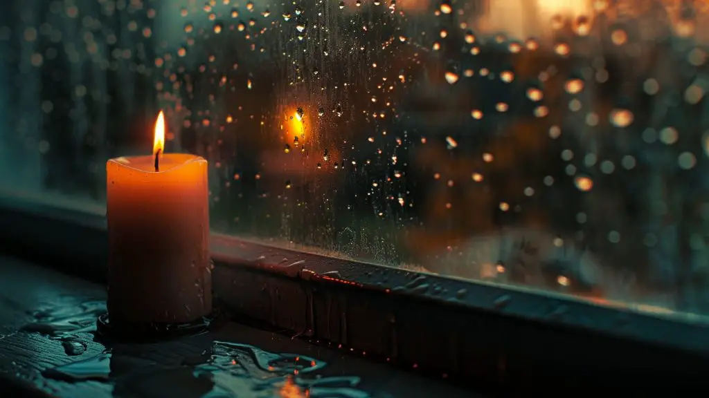 FootballR - NFL - Eine brennende Kerze steht auf einem nassen Fensterbrett, Regentropfen auf dem Glas reflektieren warmes, stimmungsvolles Licht während der Abenddämmerung. Der Hintergrund zeigt verschwommene, beleuchtete Bäume, die an eine Szene erinnern, die Bob Avellini Diese Beschreibung wurde automatisch generiert.
